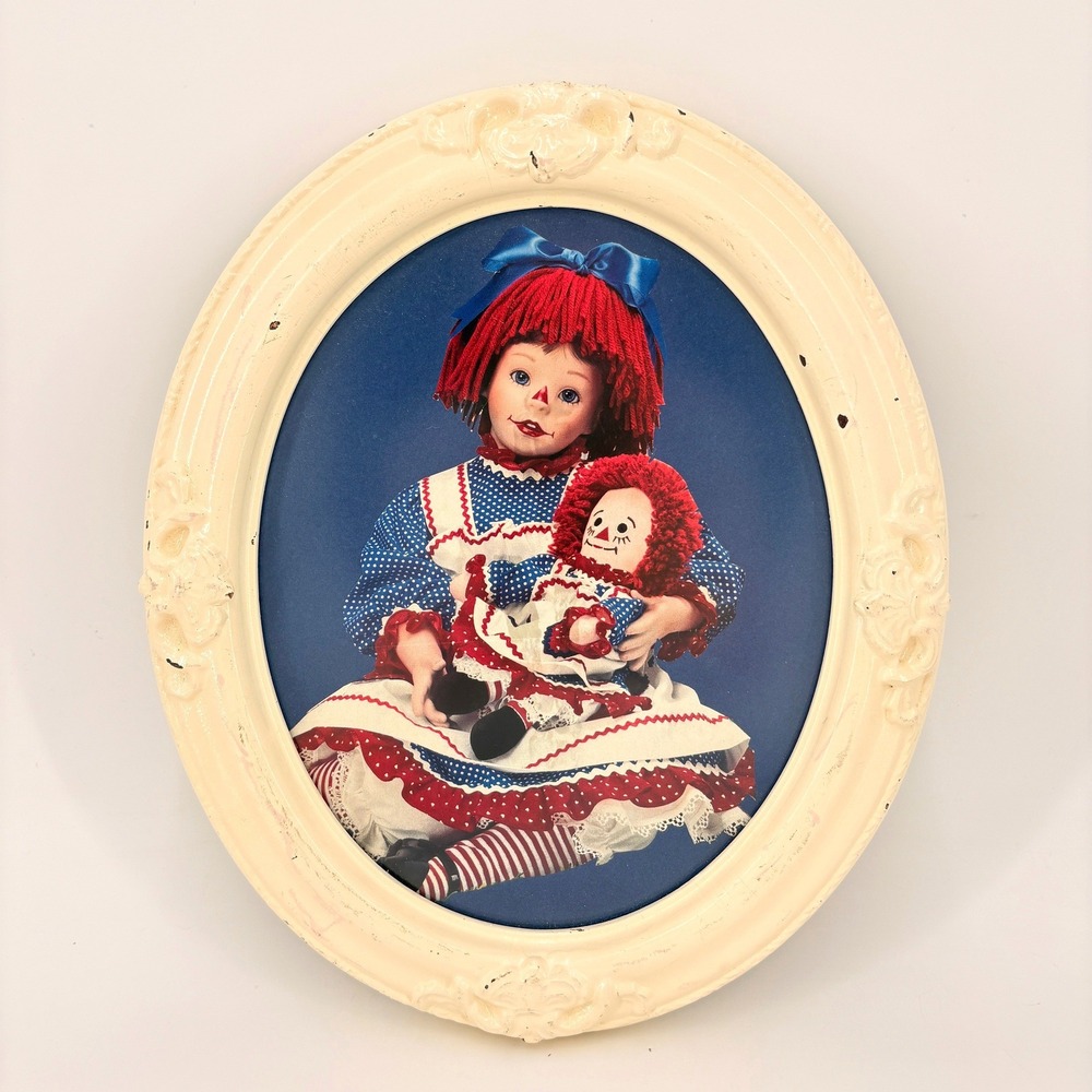Vintage Raggedy Ann Doll Portrait Ornate Cream Oval Frame Wall Art Americana
